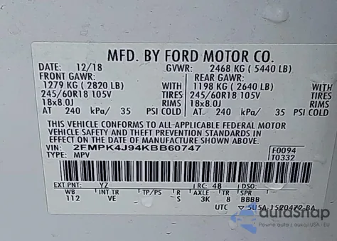 2019 Ford Edge Sel z USA, uszkodzony, nr VIN 2FMPK4J94KBB60747